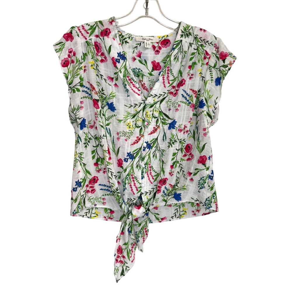 Haver & Blair London Floral Blouse Womens Small White Poly Tie Front Boho Top S